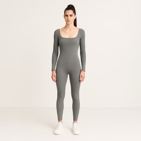 FCT with Love Gray Ribbed Knit Long Sleeve Square Neck One Piece Jumpsuit Size S - Picture 1 of 5